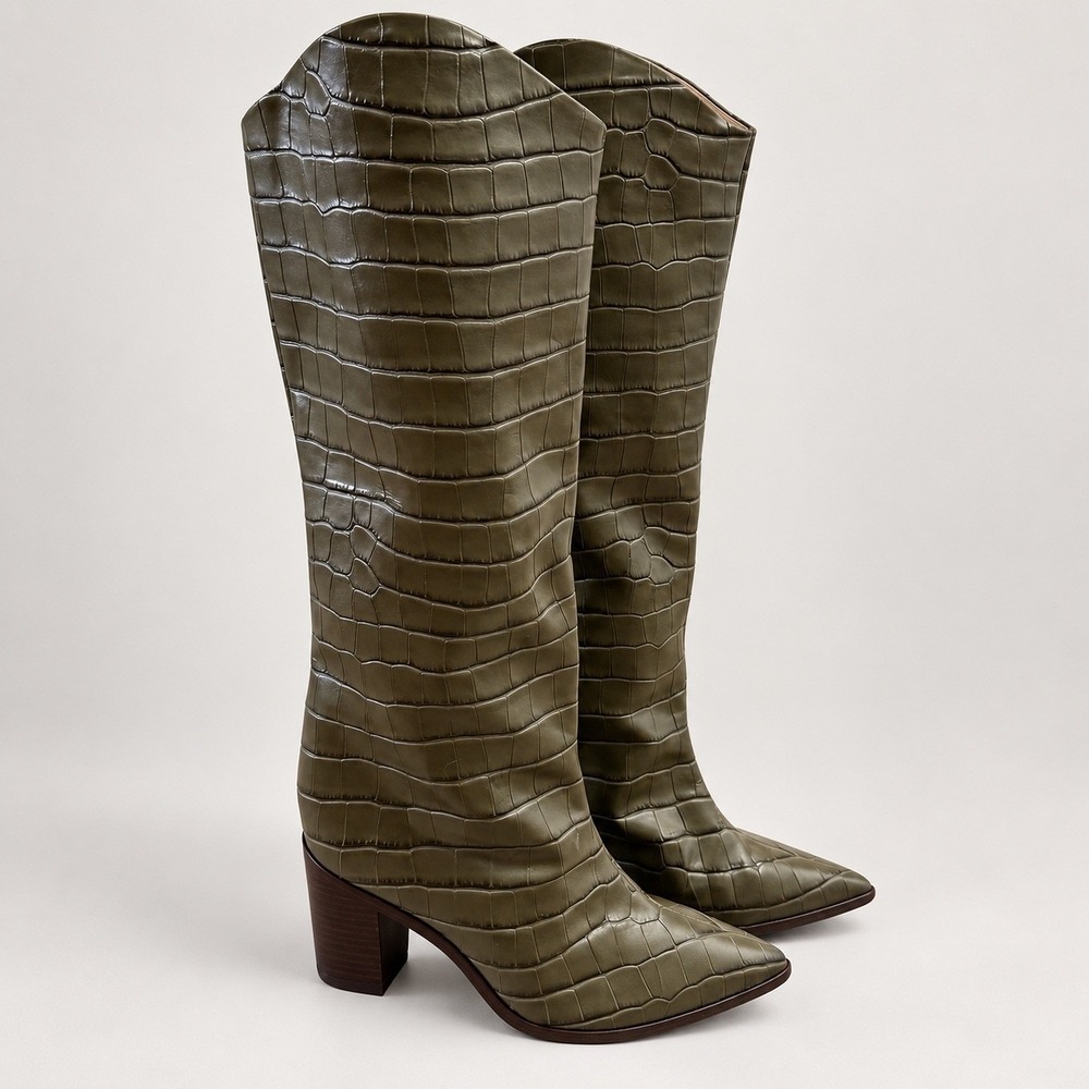 Schutz Maryana Olive Green Croc Embossed Leather Knee High Boots Pointed Toe 7.5